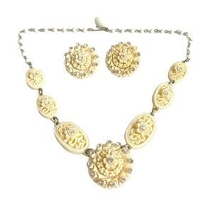 Vintage‎ Rhinestone Necklace & Earrings Cream Celluloid Resin Floral Swirl 50s